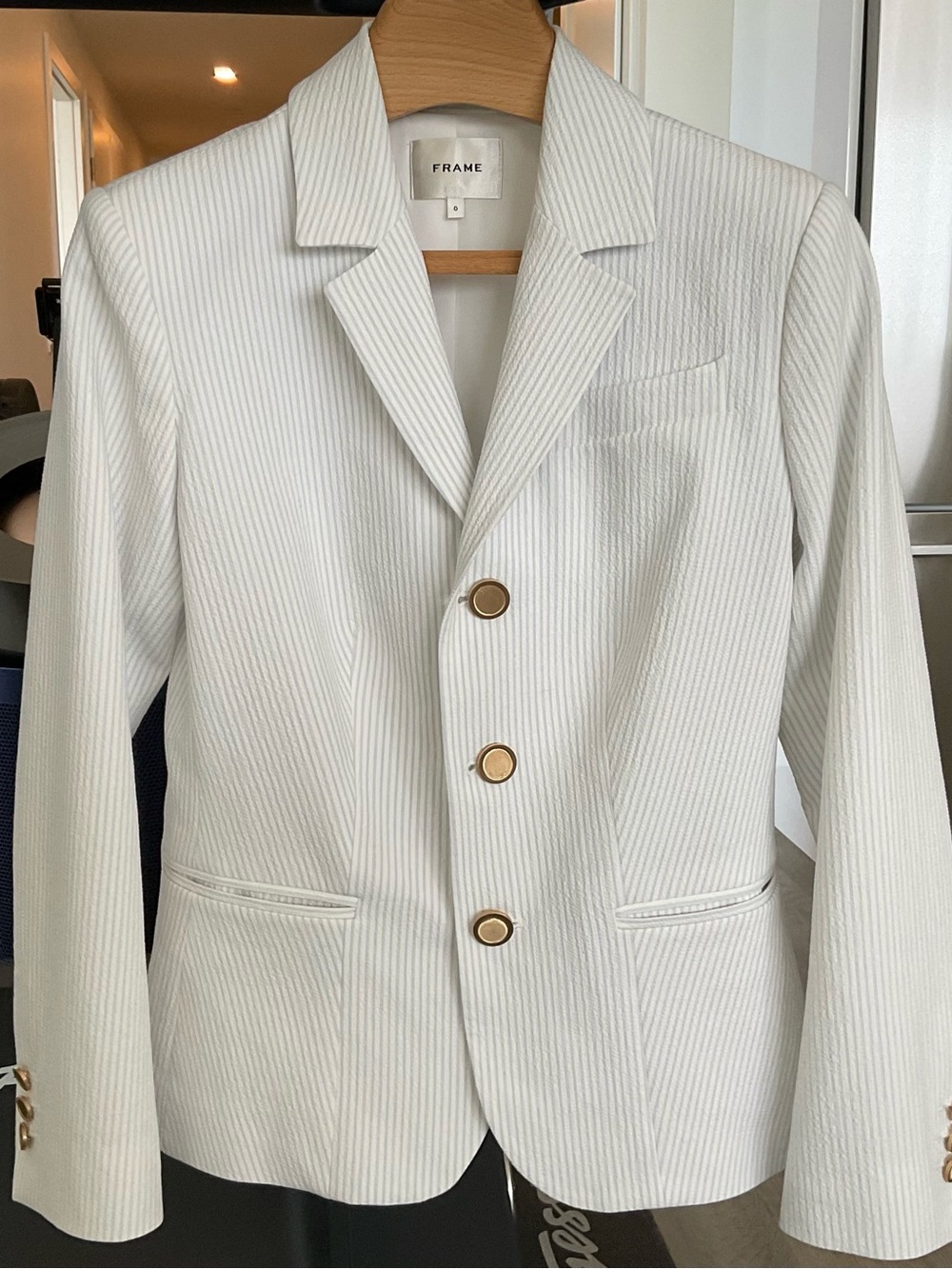 Frame Denim White Textured Tailored Blazer with Gold Buttons